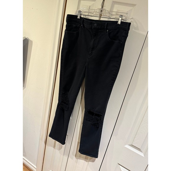 EXPRESS Black Super High Rise Slim Straight Ripped Knee Distressed Jeans 14 - Picture 8 of 12